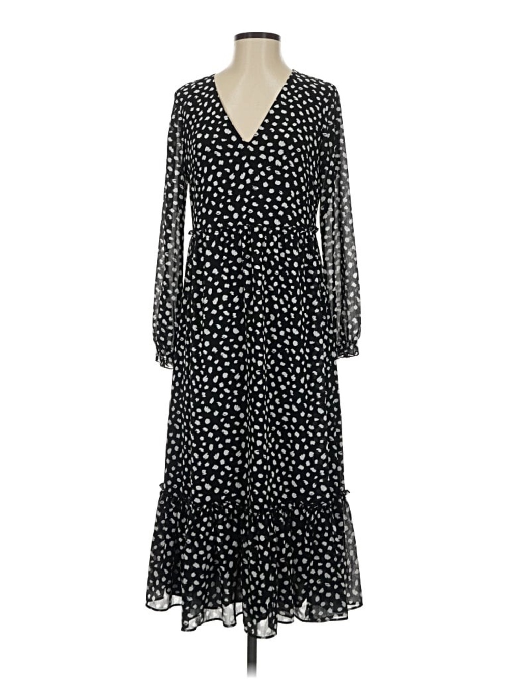 Crew Black & White Polka Dot Chiffon Midi Long Sleeve Tiered Ruffle Dress L - Picture 2 of 15